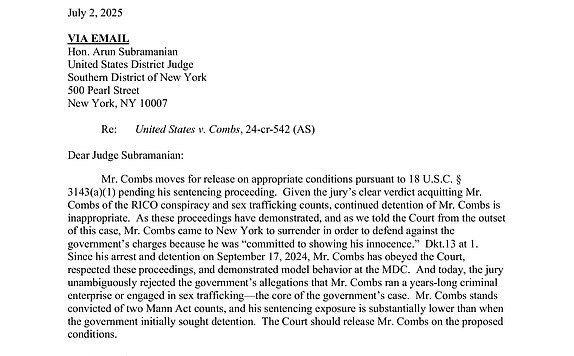 Documents showing Sean Diddy Combs proposed release conditions  PAGE 1https://apnews.com/live/sean-diddy-combs-trial-verdict-updates?version=1751476563833