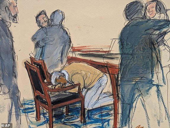 In this courtroom sketch, Sean "Diddy" Combs reacts after he was convicted of prostitution-related offenses but acquitted of sex trafficking and racketeering charges that could have put him behind bars for life, Wednesday, July 2, 2025, in Manhattan federal court in New York. (Elizabeth Williams via AP)