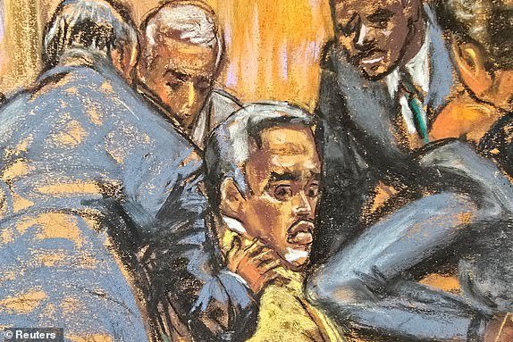 Defense lawyers comfort Sean "Diddy" Combs while discussing how to handle a note sent by jurors that they had reached a verdict on four of the five counts against him, during Combs' sex trafficking trial in New York City, New York, U.S., July 1, 2025 in this courtroom sketch. REUTERS/Jane Rosenberg        TPX IMAGES OF THE DAY