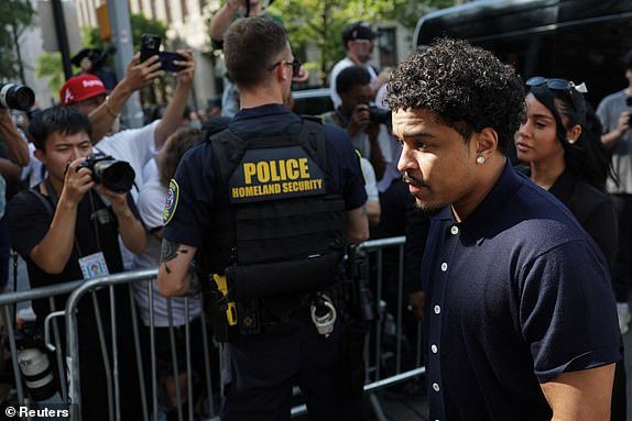 Justin Combs walks outside the U.S. federal court, ahead of a bail hearing, after the jury reached verdicts in the Sean "Diddy" Combs sex trafficking and racketeering conspiracy trial, in Manhattan, New York City, U.S., July 2, 2025. REUTERS/Jeenah Moon